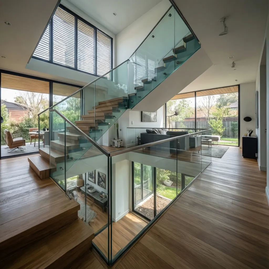 Modern house interior with wooden stairs glass railing wood flooring large windows and garden view