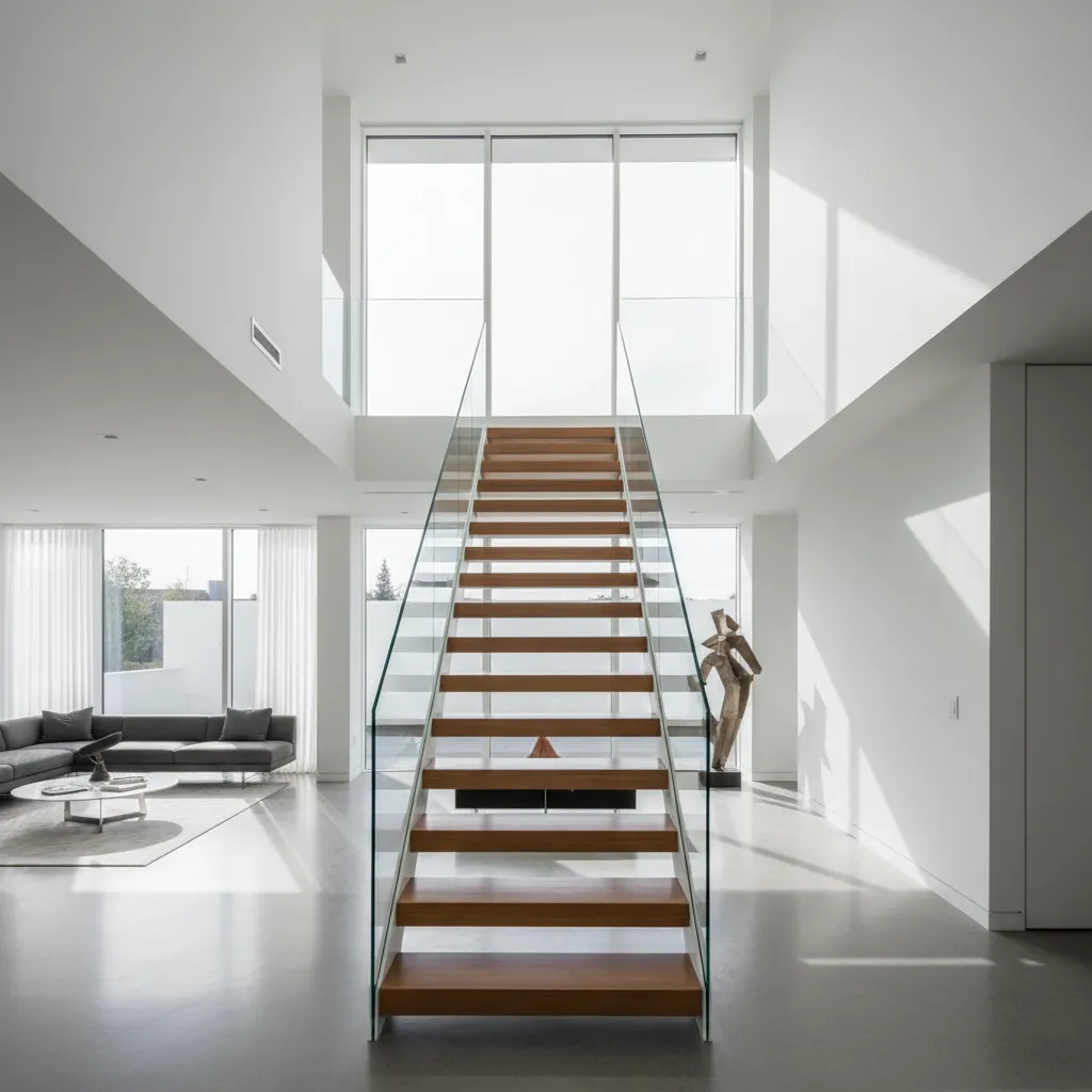 Escalera flotante moderna con barandilla de vidrio en interior contemporáneo