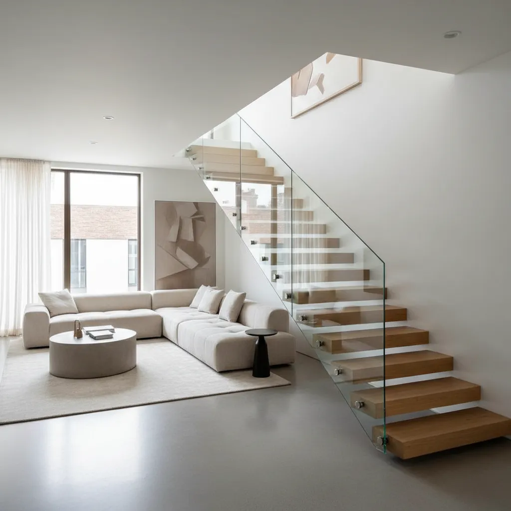 Escalera flotante moderna en salón con diseño minimalista