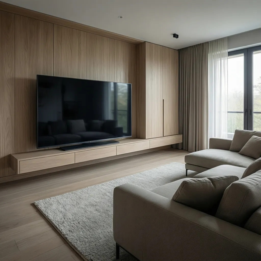 Modern floating TV cabinet design in minimalist living room