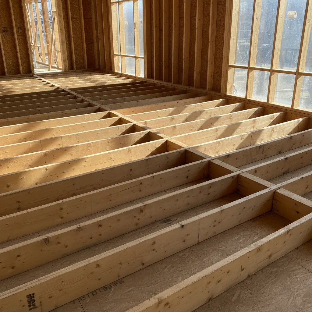 modern engineered floor framing with I-joists in residential construction