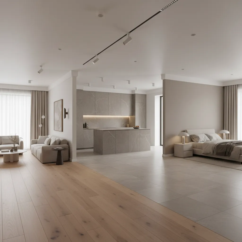 Interior design drawing showing comparison between wood flooring and grey tile in a modern home