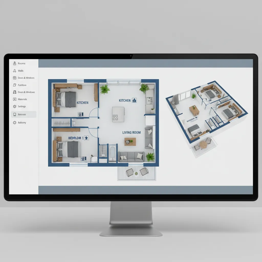 Interfaz moderna de creador de planos de planta con visualización de habitaciones