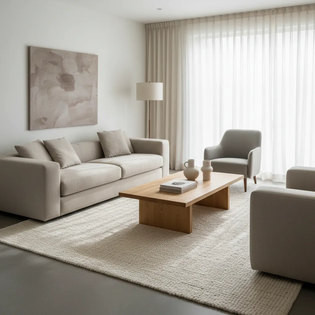 Modern living room with a low wooden floor table and neutral seating area