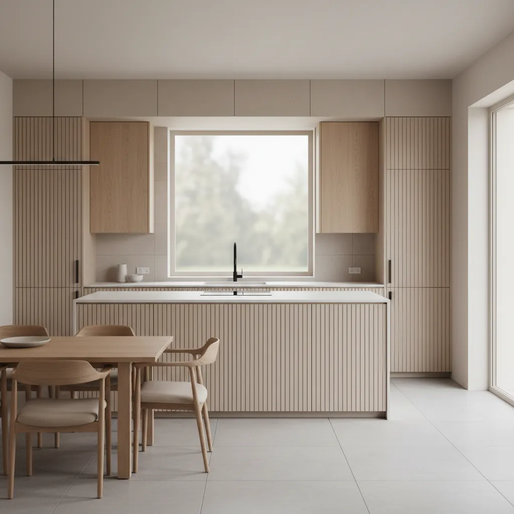 modern kitchen with vertical fluted cabinet doors and soft lighting
