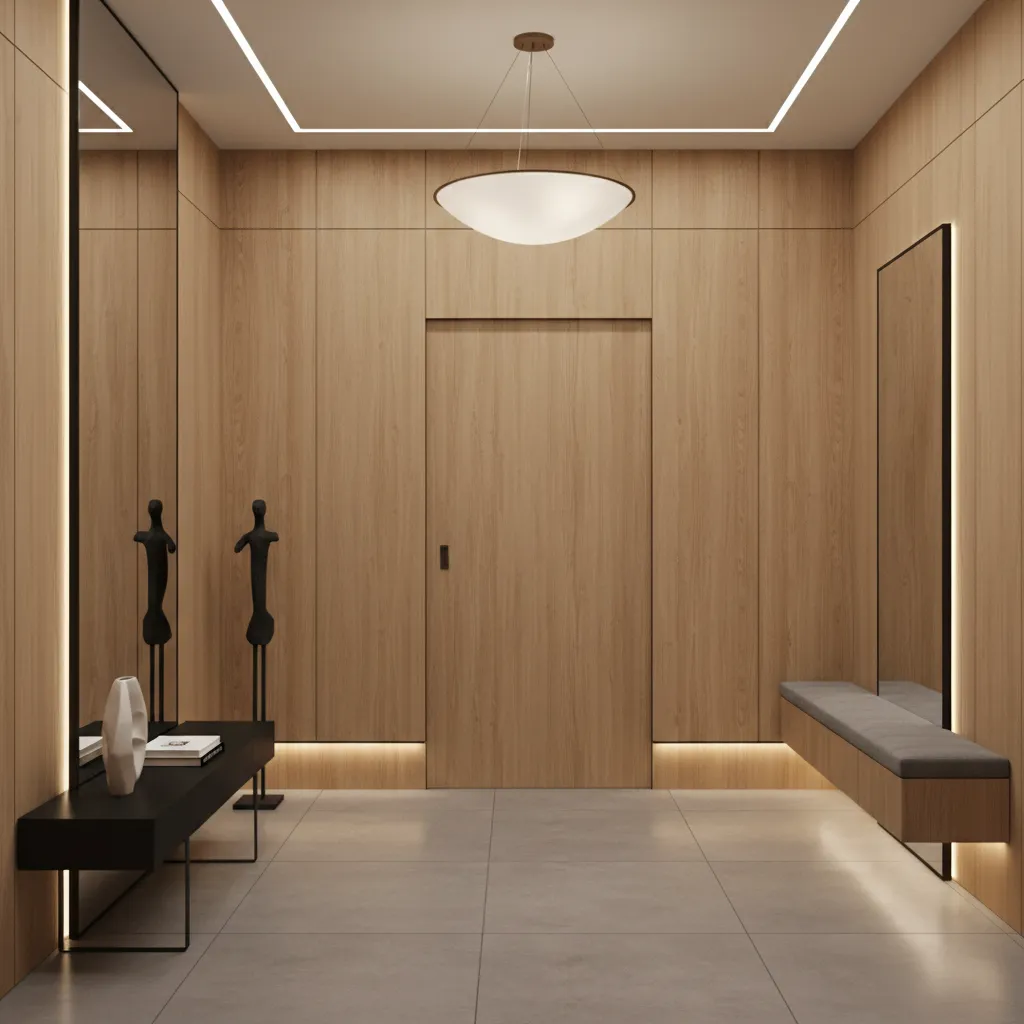 Modern foyer design that visually hides bathroom door