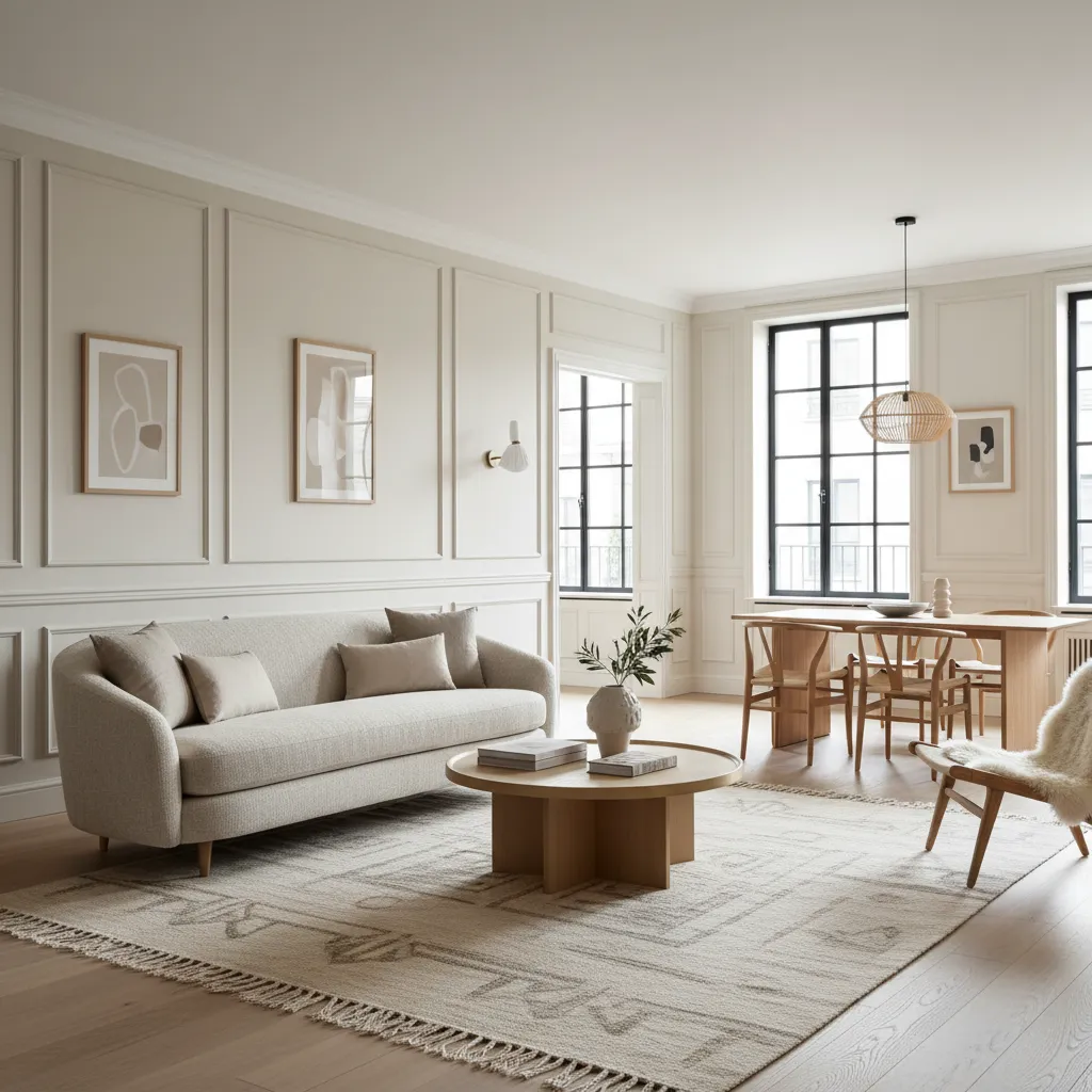 Modern open living area with wall panels beige sofa wooden coffee table and dining set