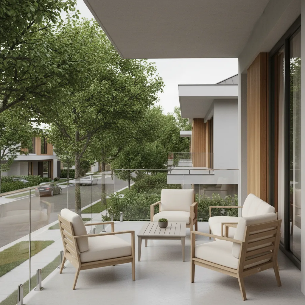 modern front balcony with glass railing and minimal outdoor seating