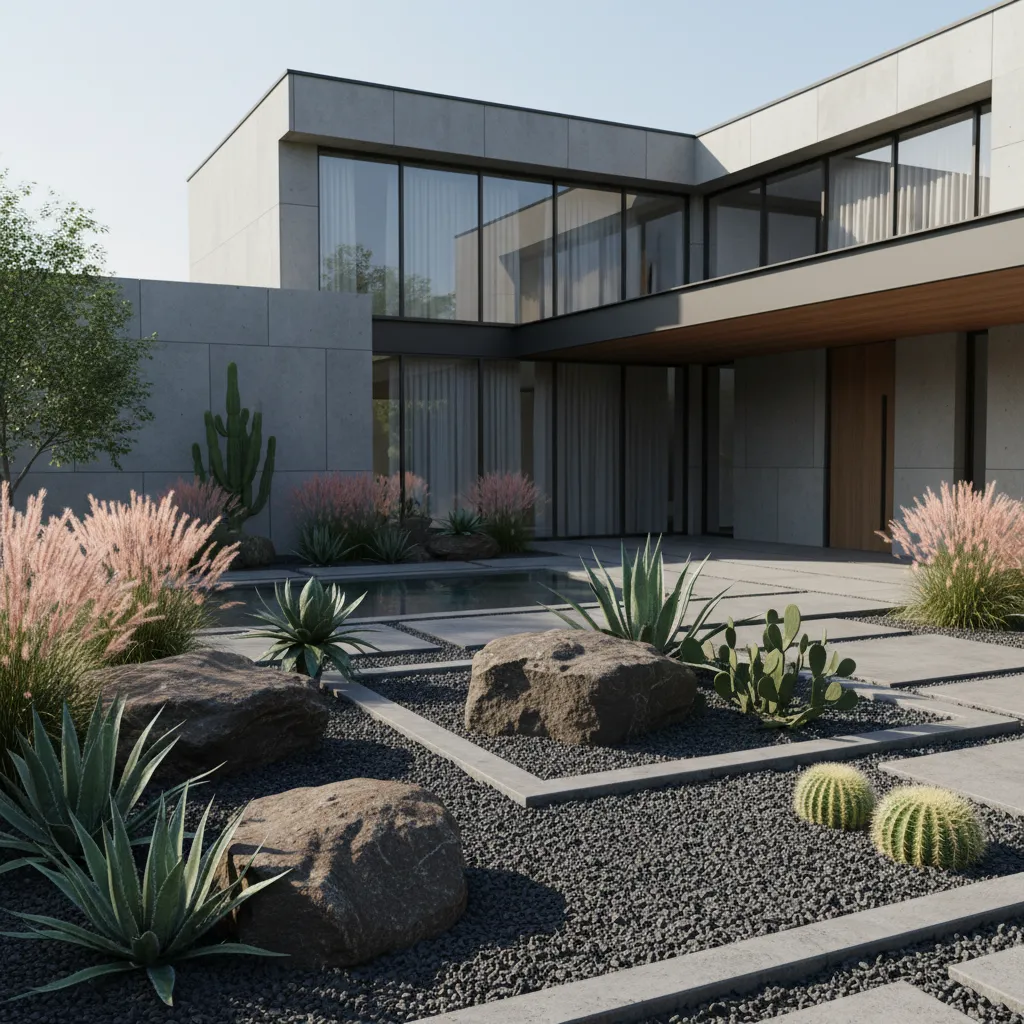Modern front yard rock landscaping with minimalist plants