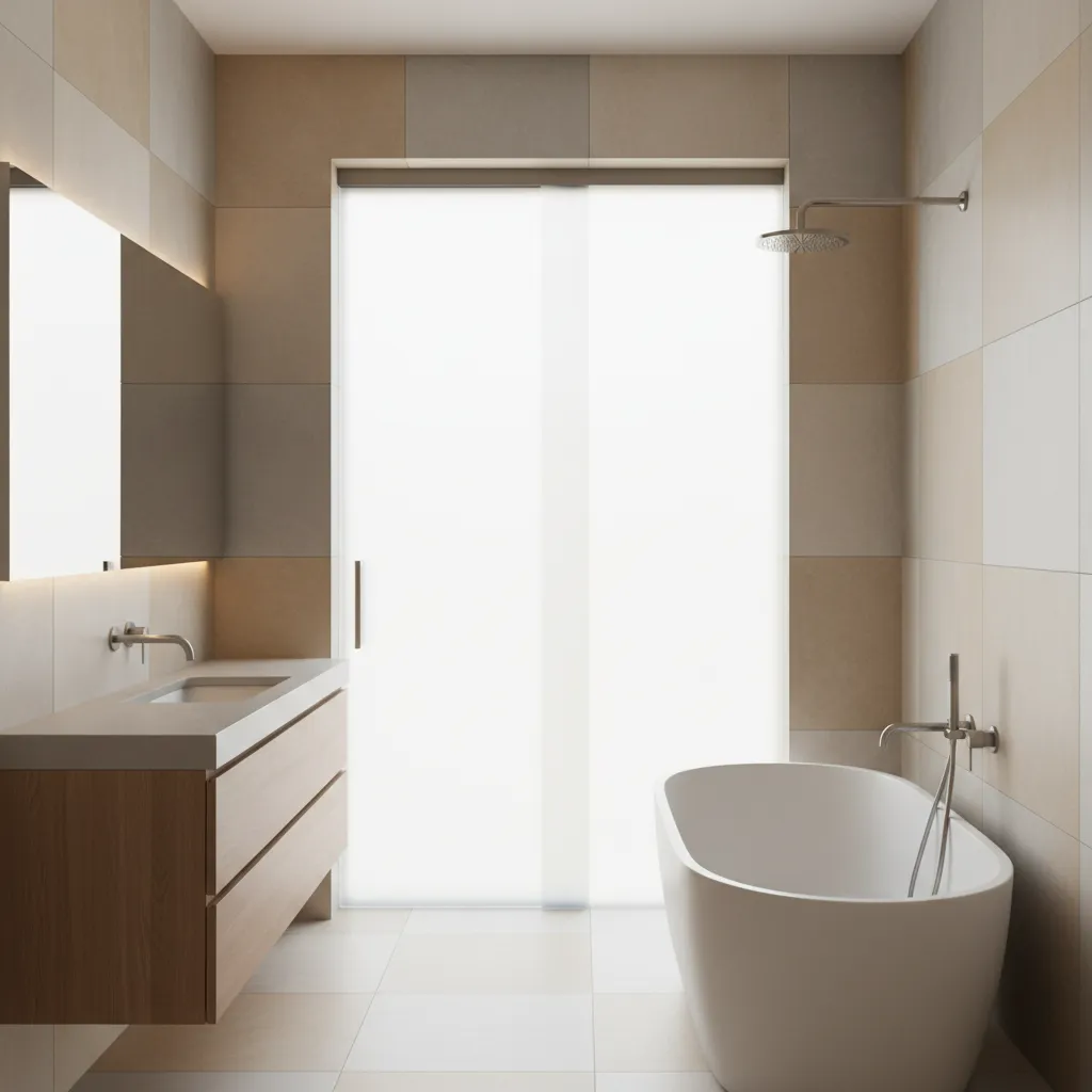 Modern bathroom with frosted glass door allowing soft light through