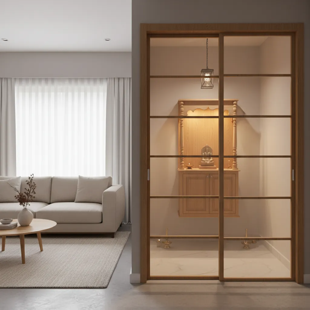 modern home pooja room with frosted glass sliding door