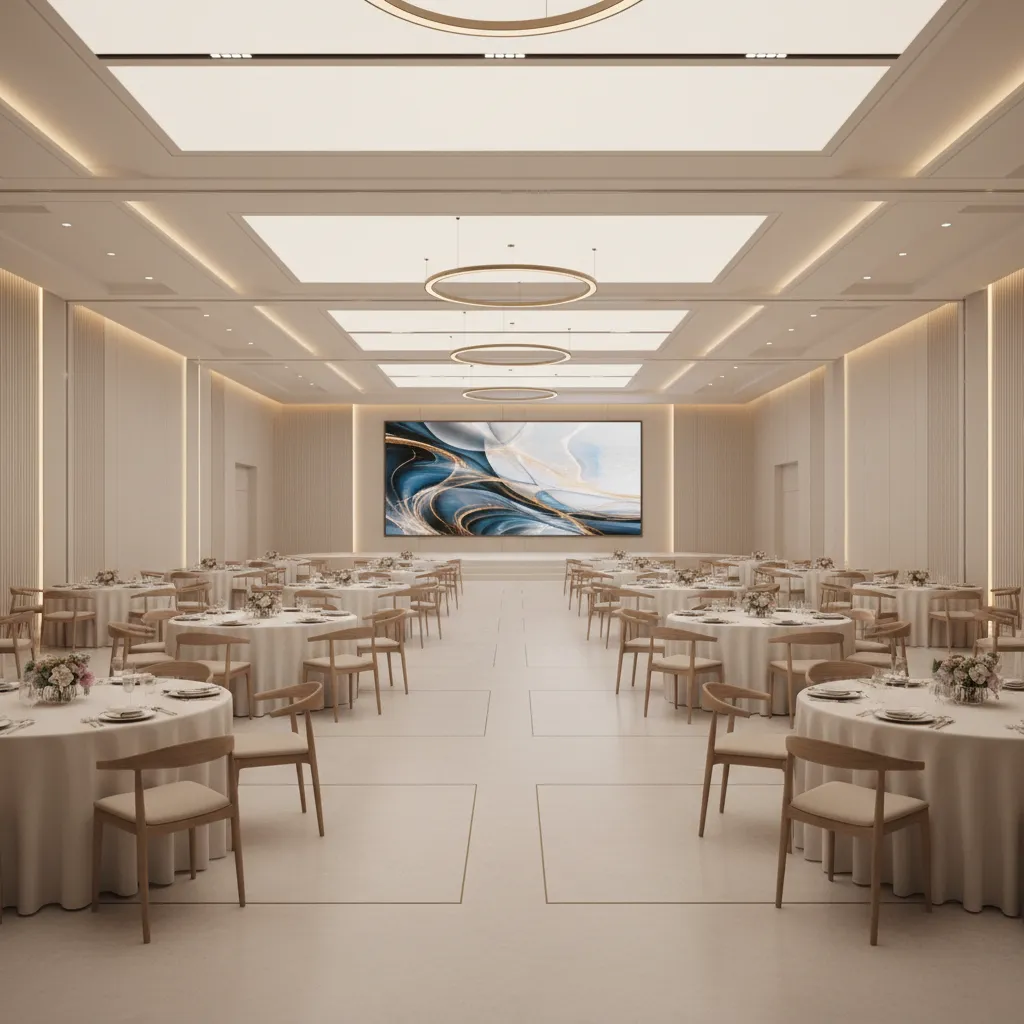 Modern function hall interior with simple layout and neutral design