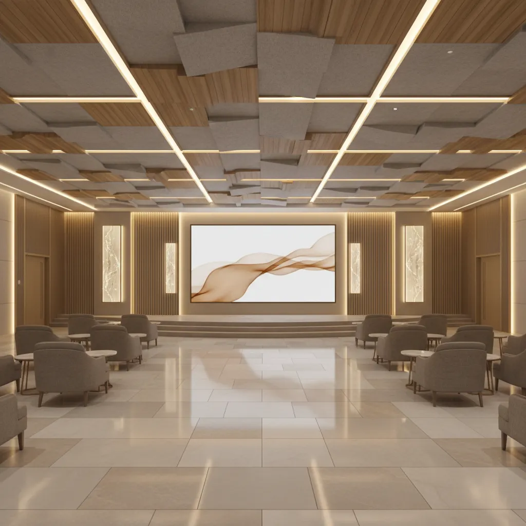 Modern function hall interior with acoustic ceiling panels and durable event venue materials