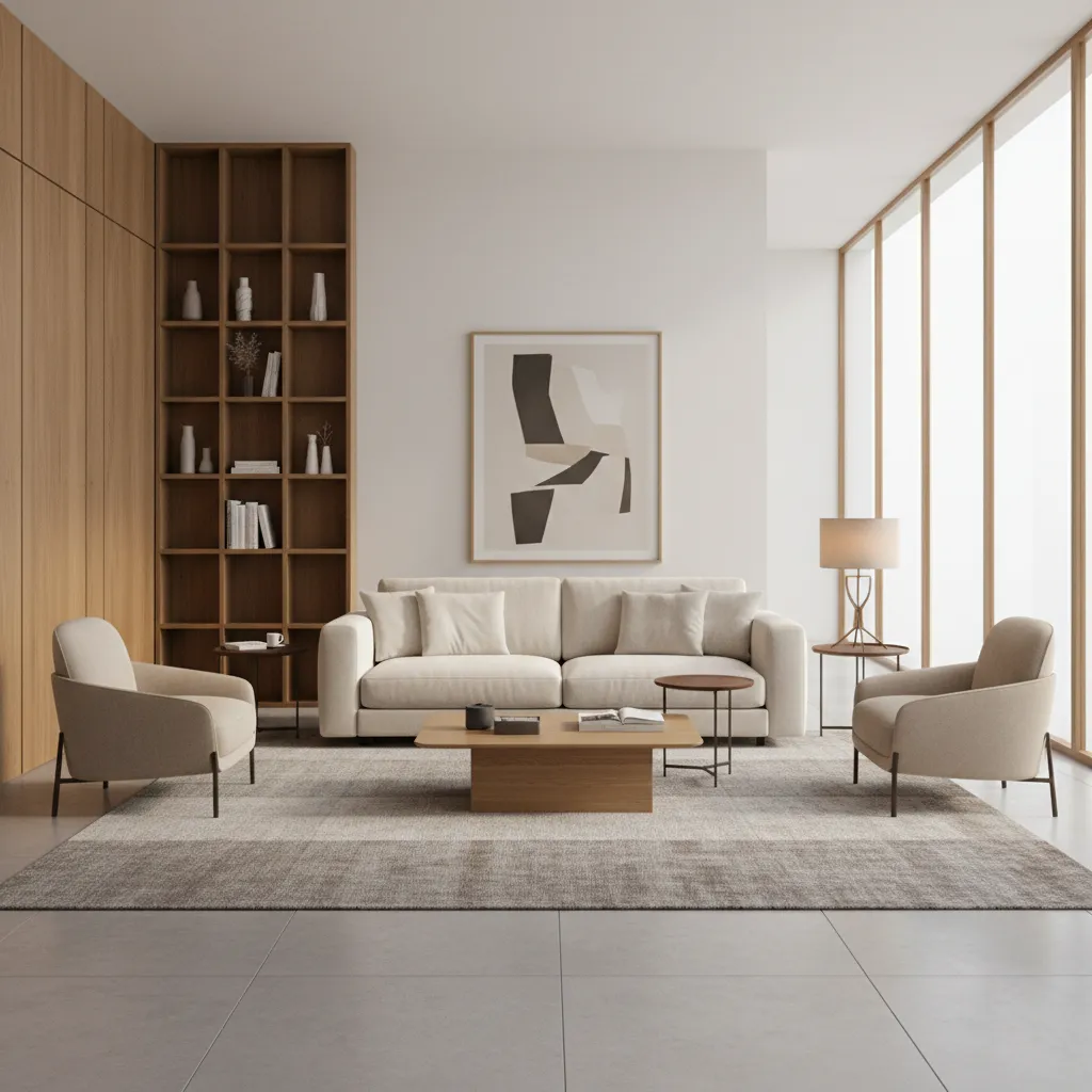 Distribución de muebles modernos equilibrados en sala de estar