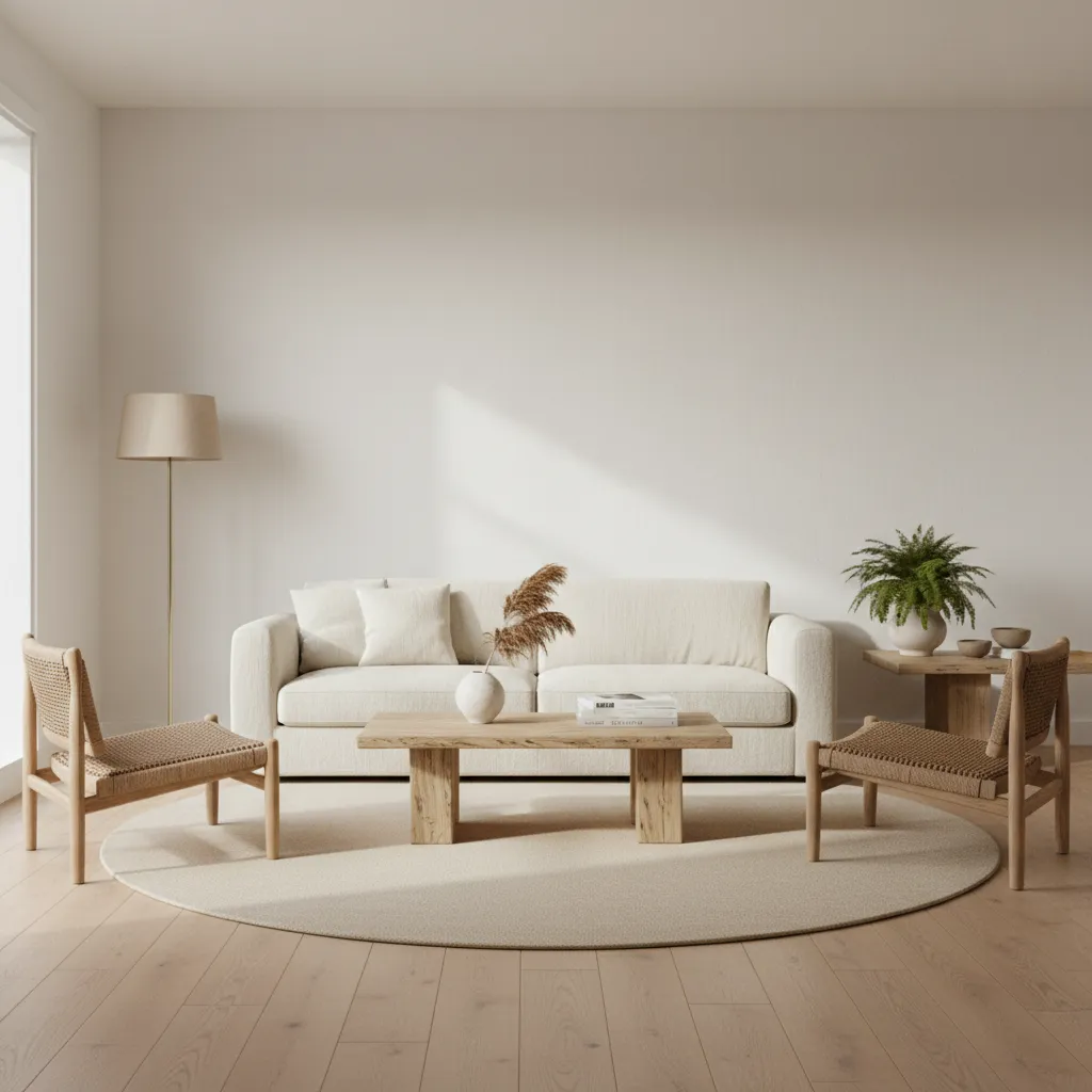Selección de muebles modernos con líneas simples y materiales naturales