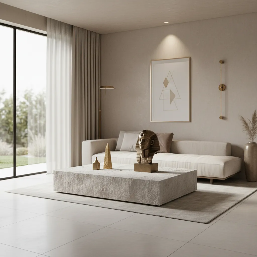 Minimalist modern furniture combined with Egyptian sculpture and decor accents