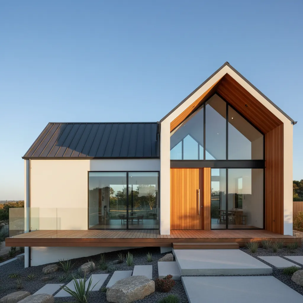 Exterior de casa moderna con techo a dos aguas y fachada minimalista