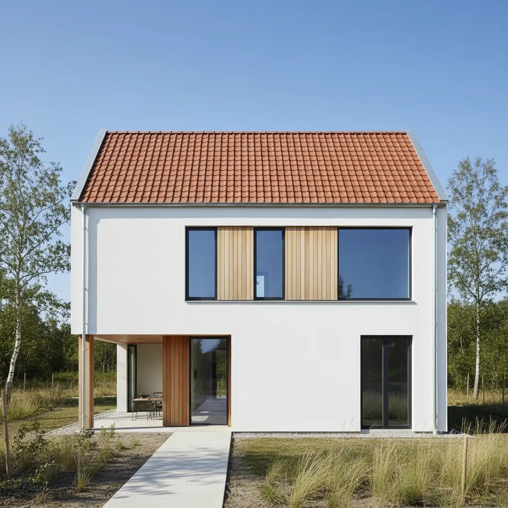Casa moderna con tejado a dos aguas y fachada minimalista