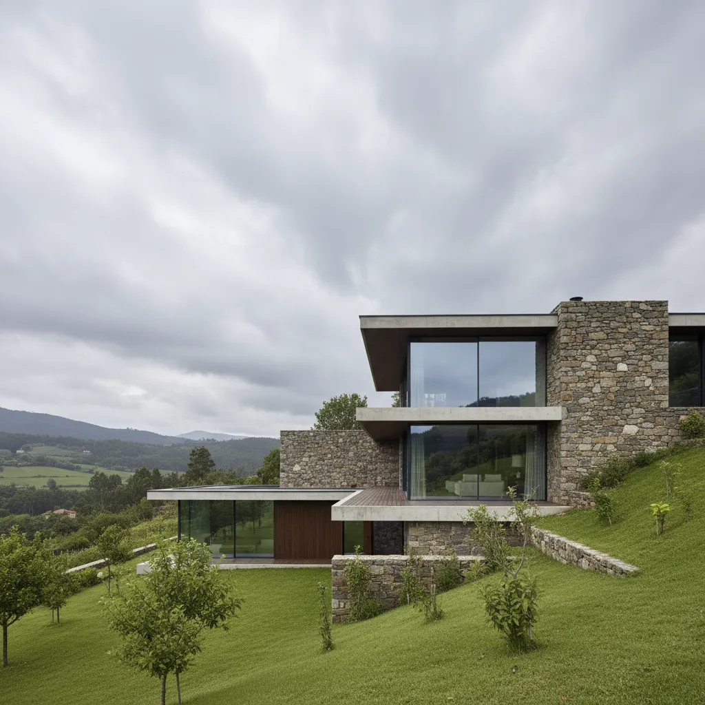 Casa moderna en Galicia con piedra y grandes ventanales