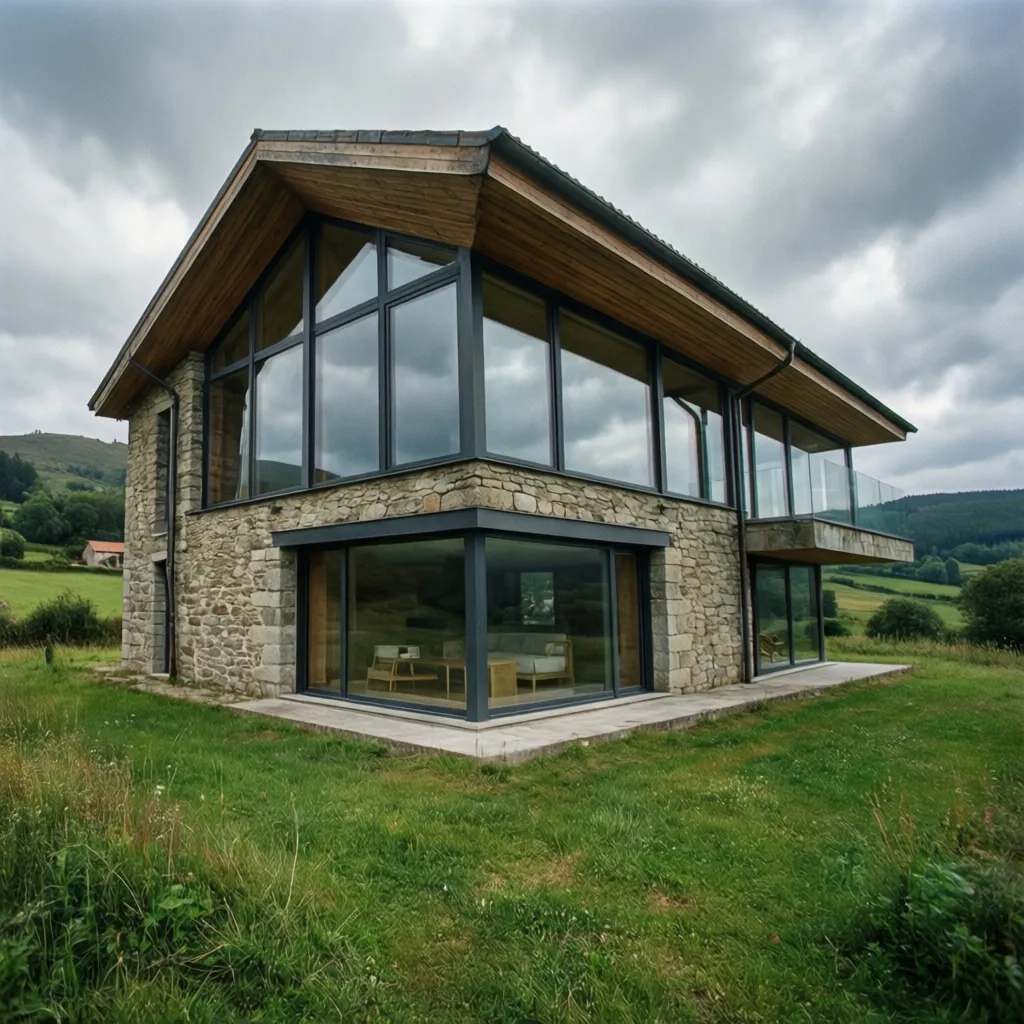 Exterior de casa moderna en Galicia con piedra y grandes ventanales