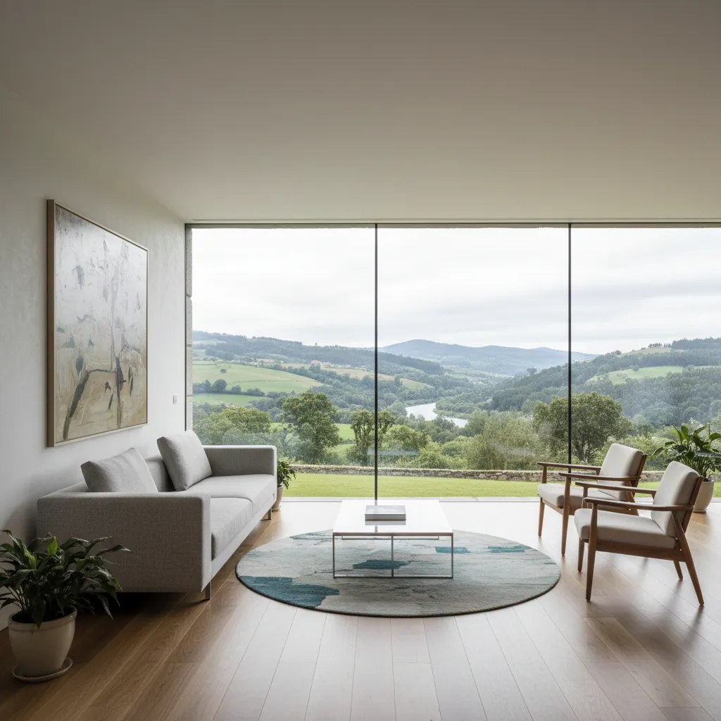 Interior luminoso de casa moderna en Galicia con grandes ventanales