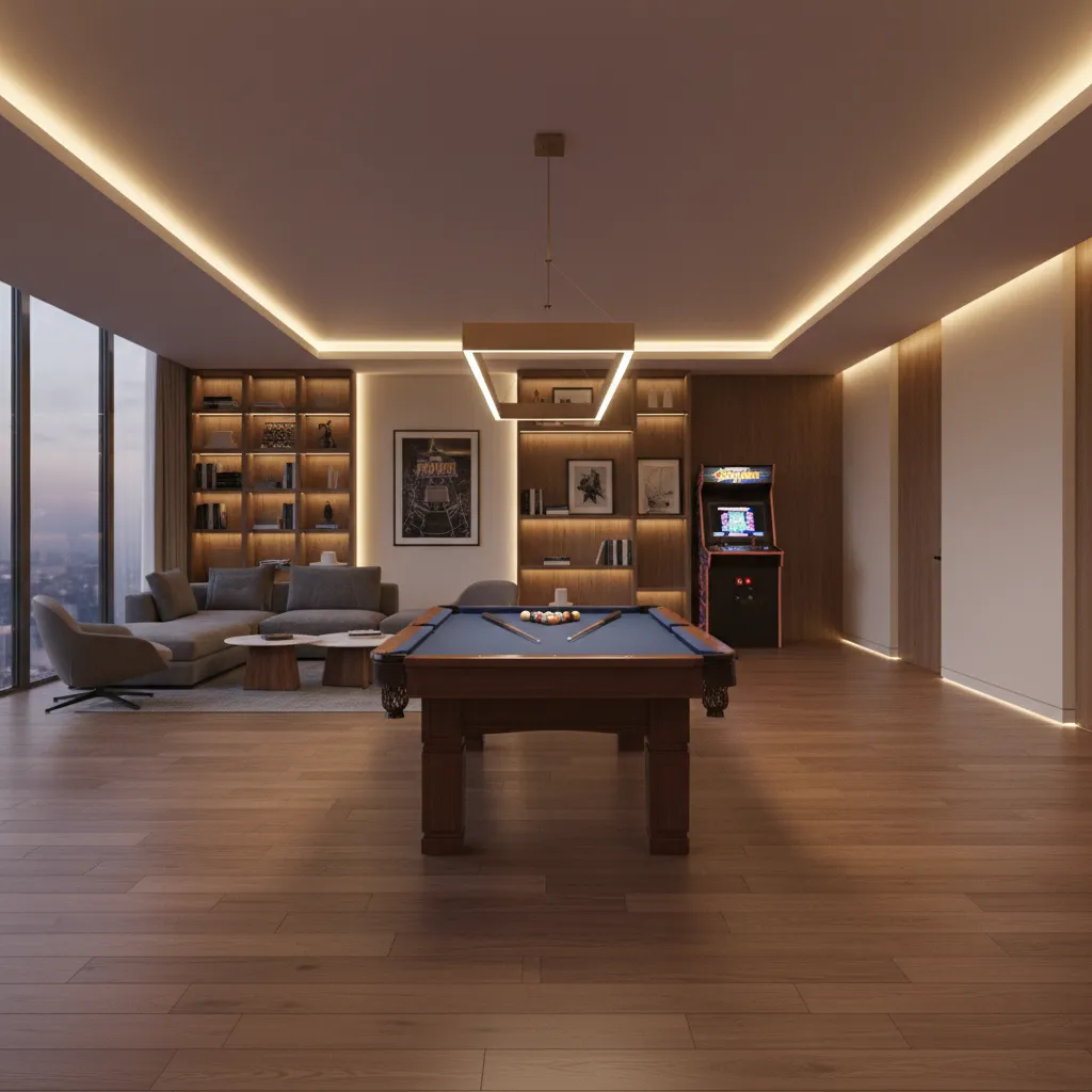 Stylish modern home game room with arcade machine, billiards table, and lounge seating