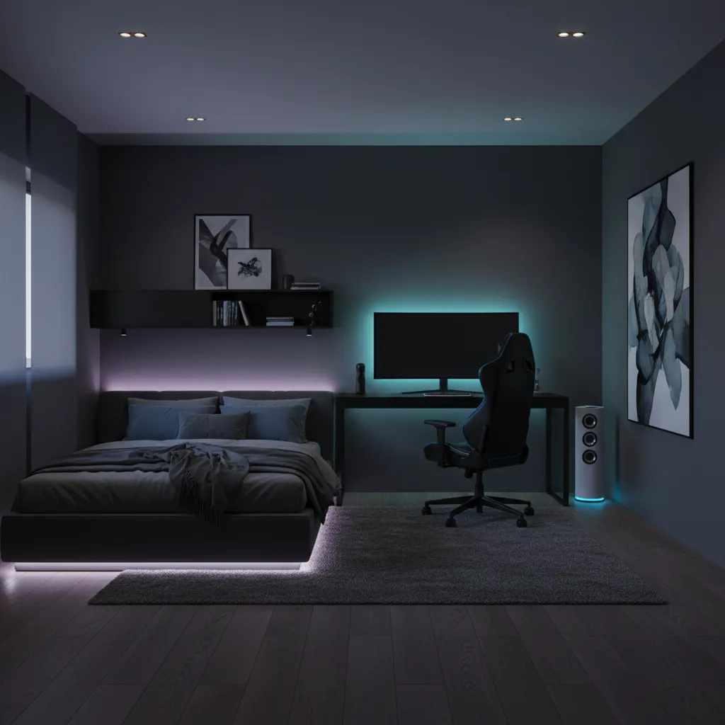 modern gaming bedroom setup with LED lighting and clean desk layout