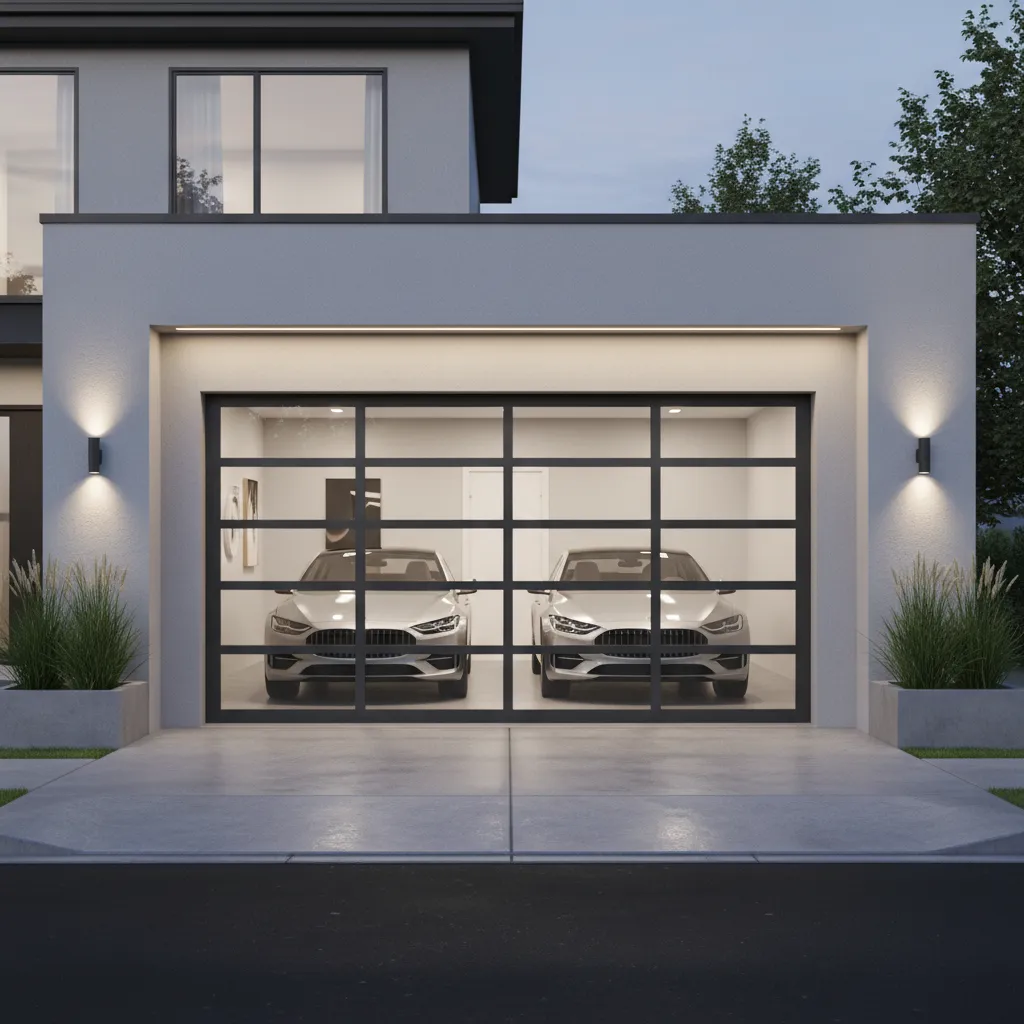 Modern garage door with glass panels and contemporary home exterior