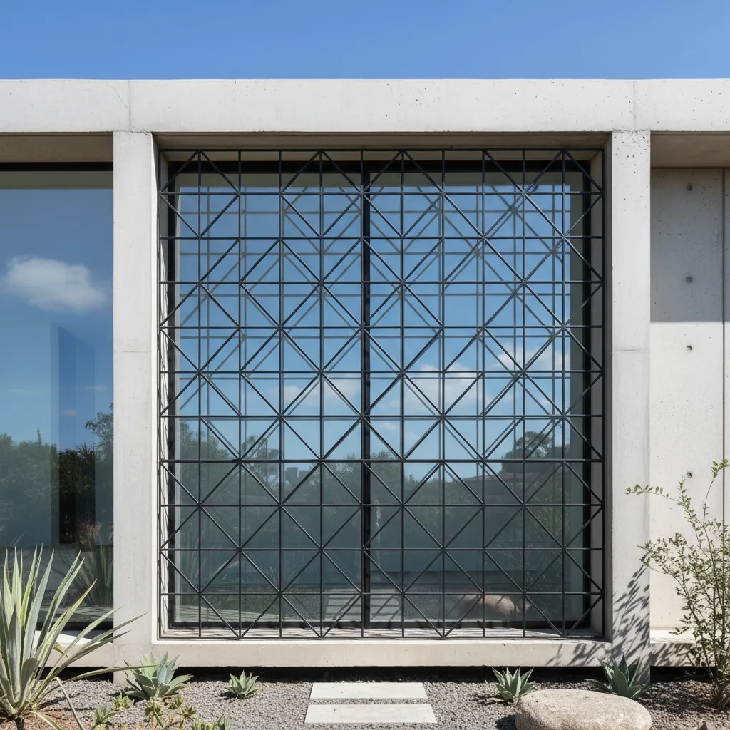 rejas geométricas modernas en fachada residencial