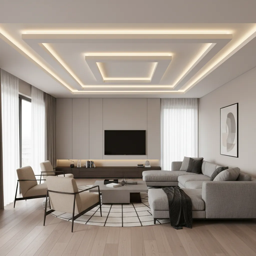 Modern living room with grey sofa, round rug, wall mounted TV and square ceiling light