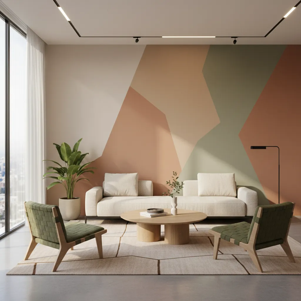Pared con bloques de color geométricos en un salón moderno
