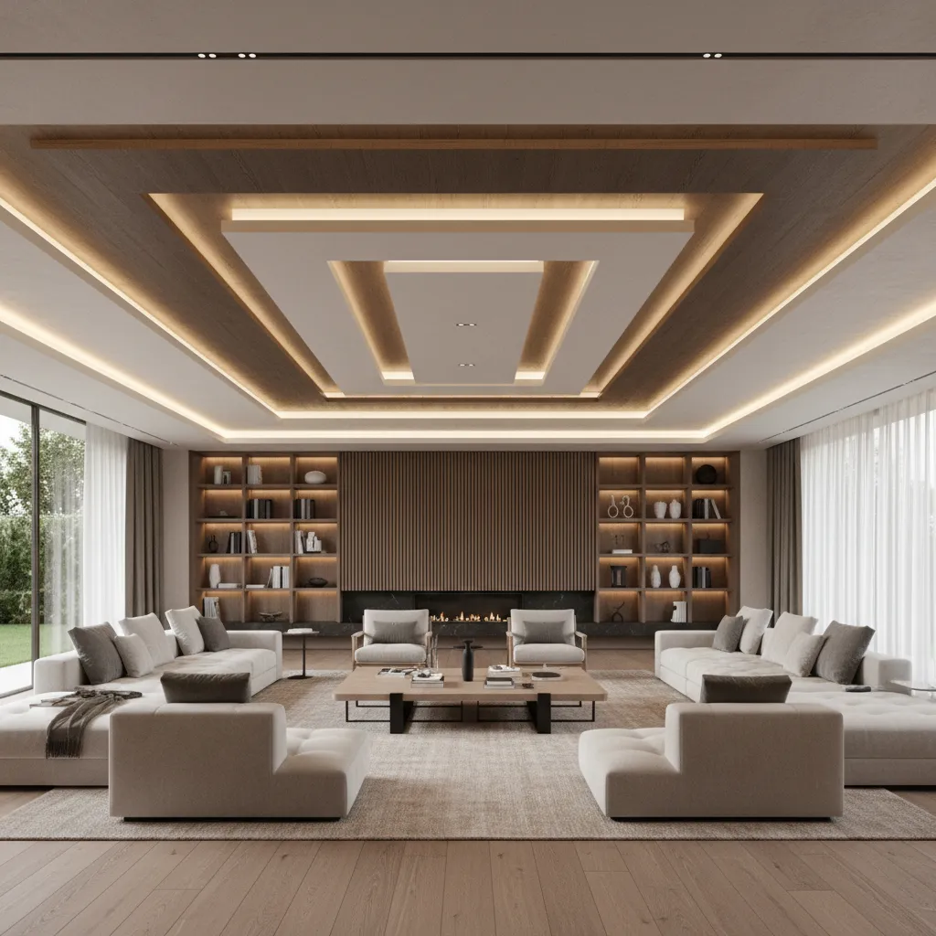 large living room with geometric modern ceiling design