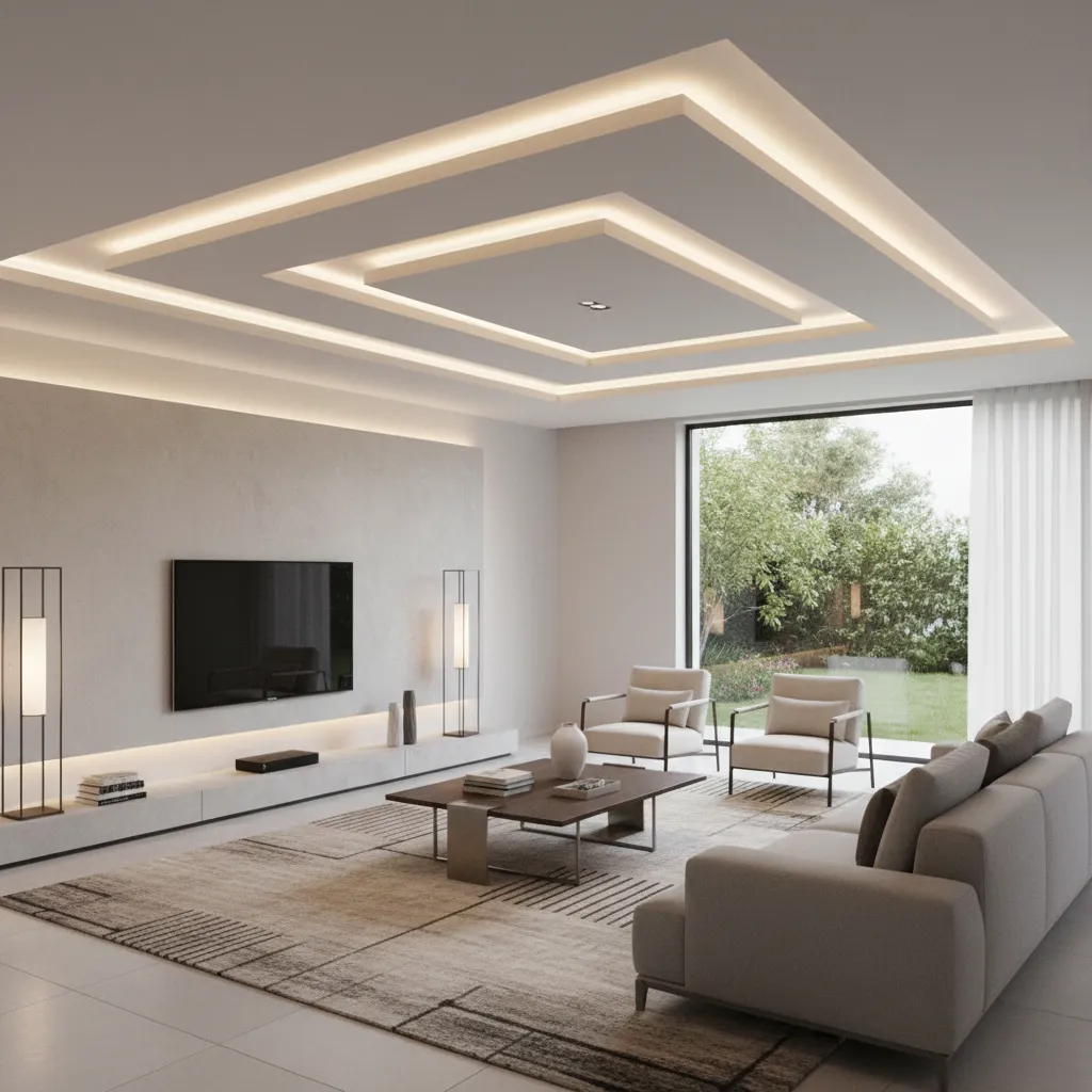 contemporary geometric POP ceiling design in living hall