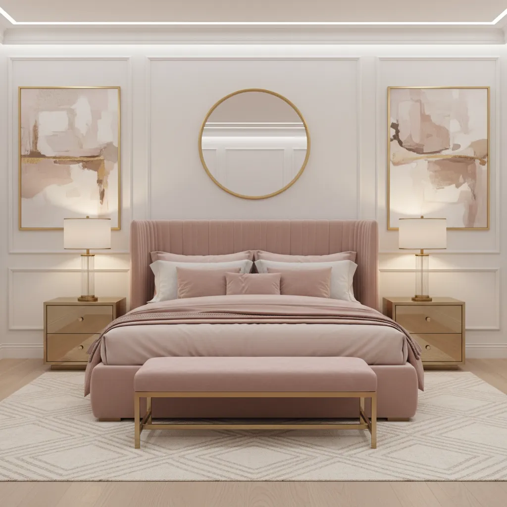 symmetrical glam bedroom layout with gold lamps and pink bedding