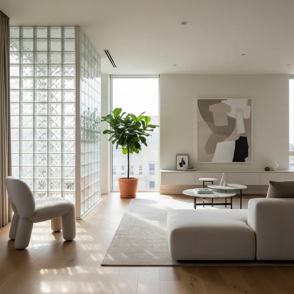 Living room with decorative glass block wall allowing sunlight to diffuse through the space