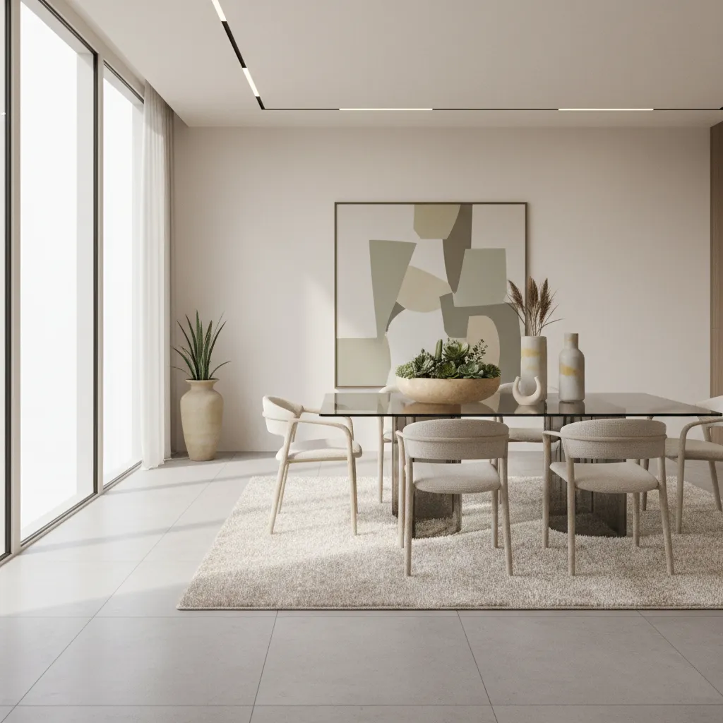 Glass dining table styled with natural stone decor and greenery