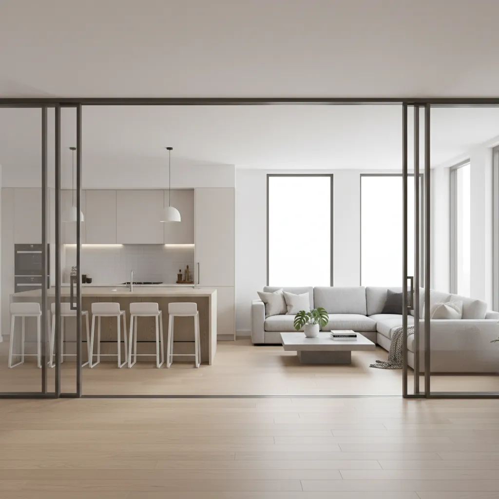 Open kitchen and living room connected with large glass sliding doors