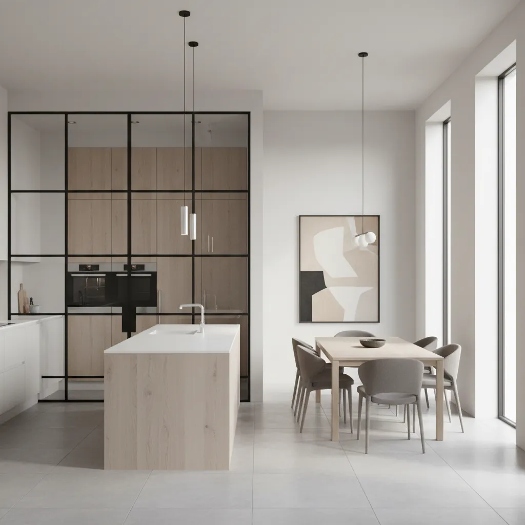 Contemporary home with glass partition door separating kitchen and dining area