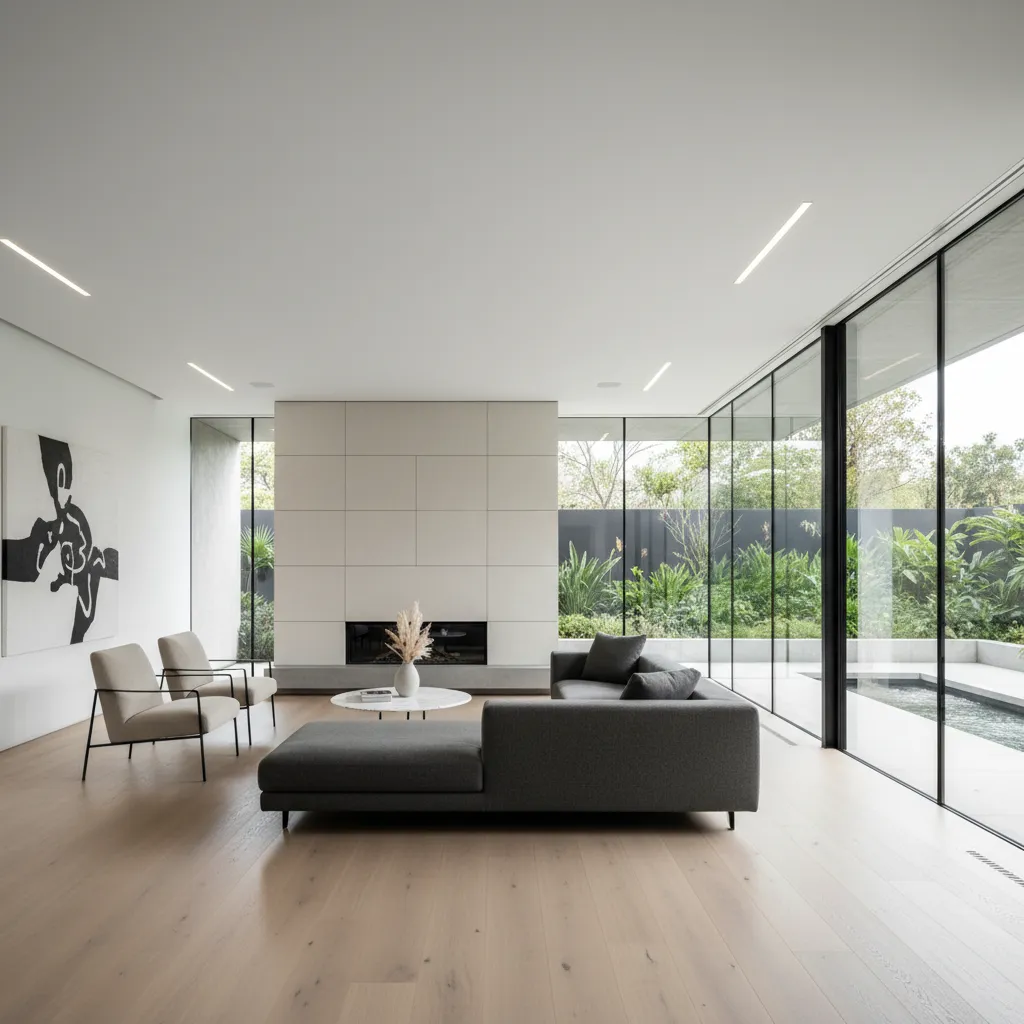 Salón moderno con paredes de cristal y vista al jardín