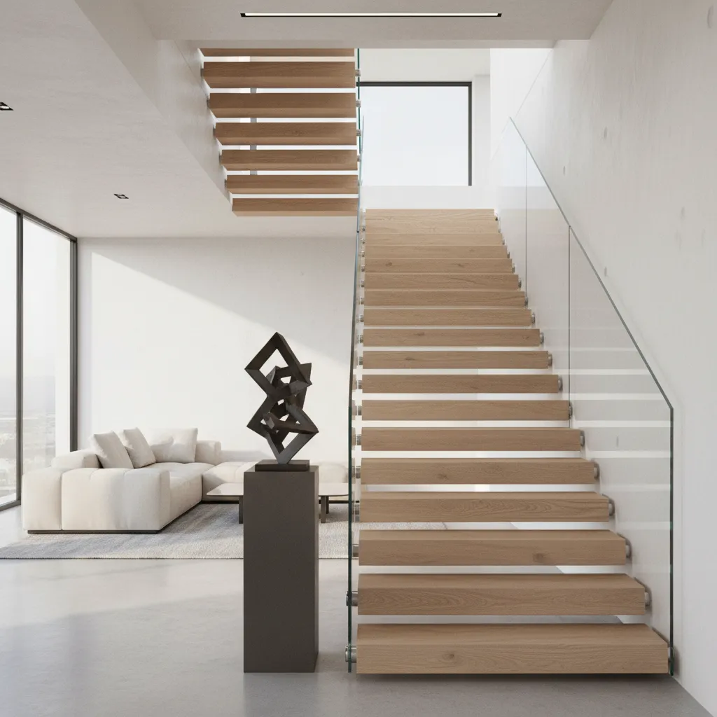 Escalera moderna con barandilla de vidrio y peldaños de madera