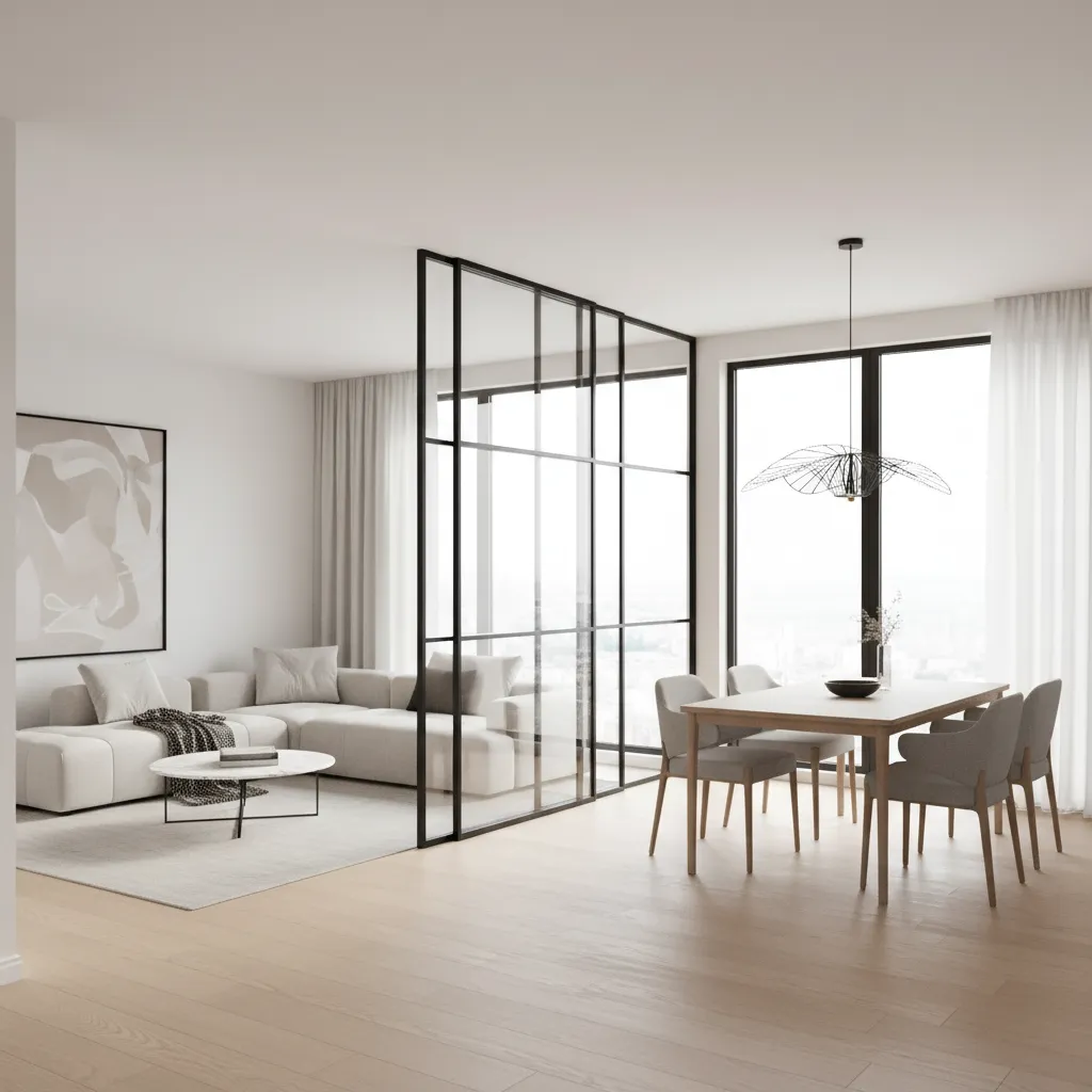 Modern apartment using a glass partition to divide living and dining areas