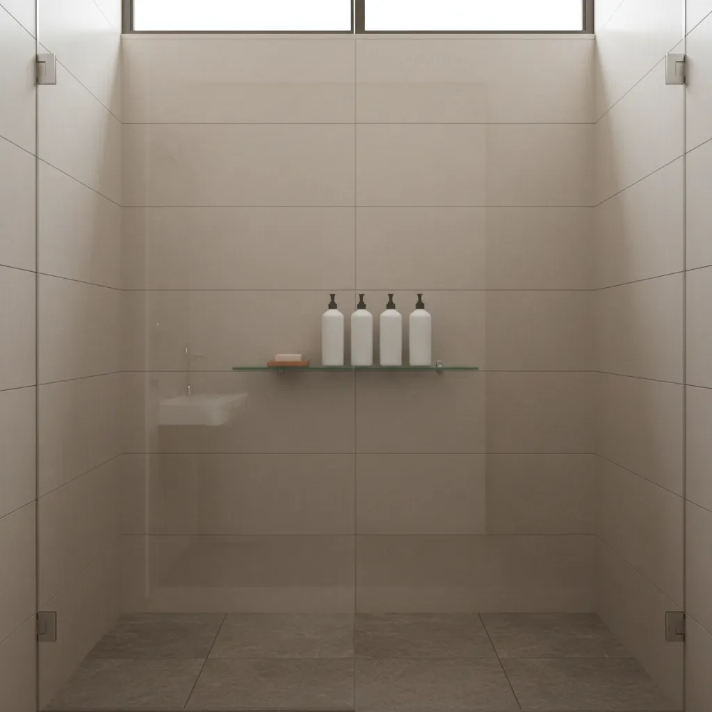 minimalist bathroom with floating glass shower shelf