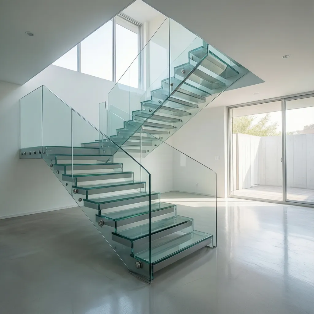 modern staircase with frameless glass banister panels