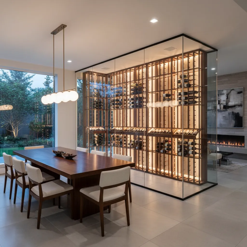 Bodega moderna con paredes de vidrio integrada en el comedor
