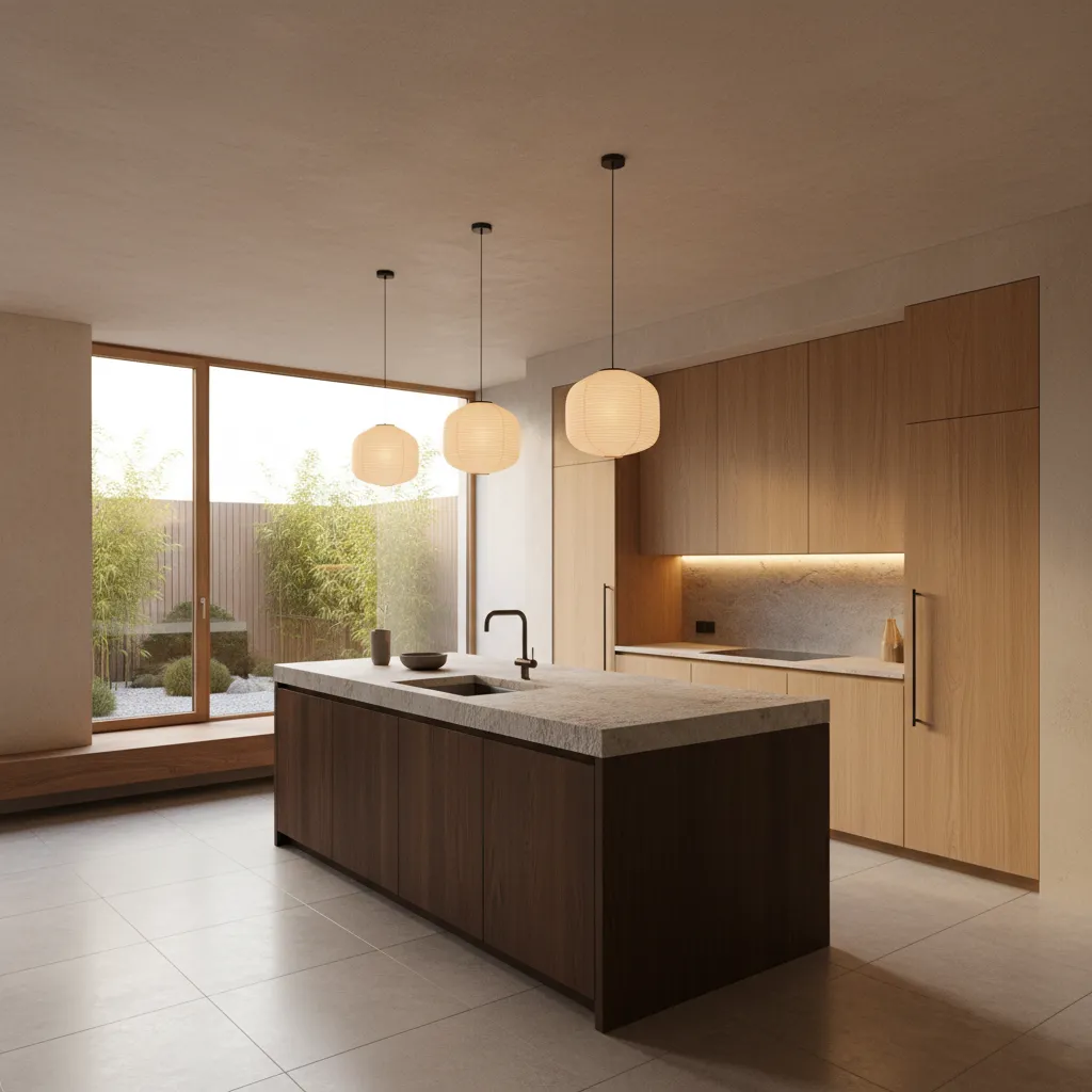 Cocina moderna con influencias internacionales en materiales y diseño