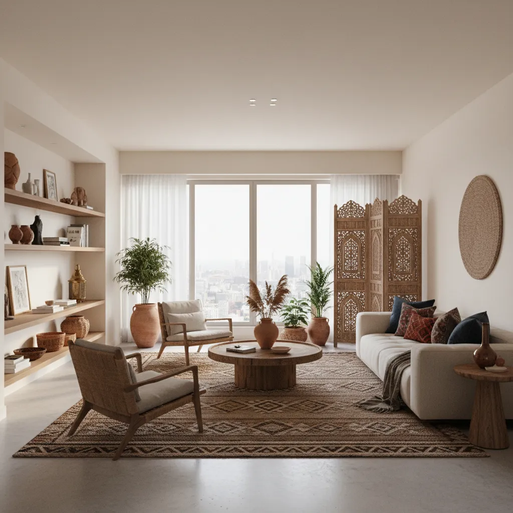 Contemporary living room combining global interior design elements in a balanced layout