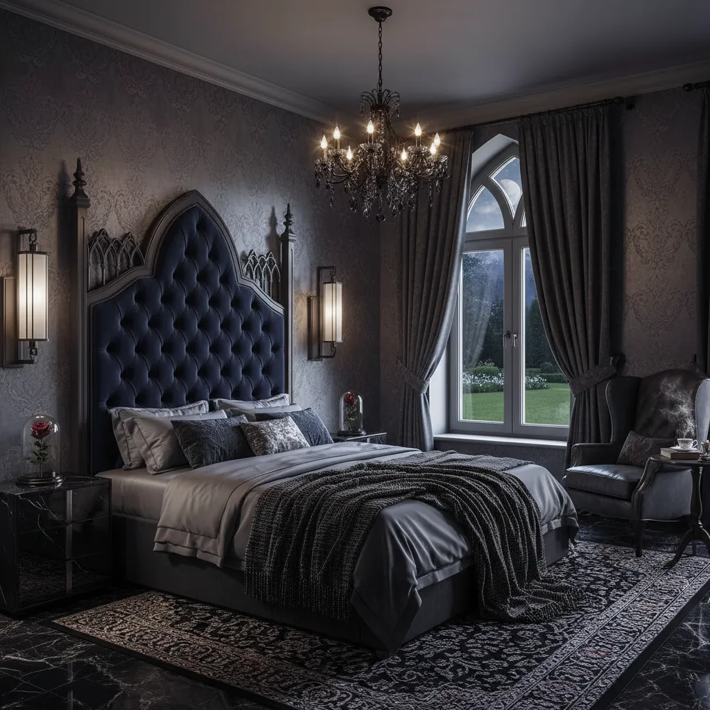 Dormitorio moderno con inspiración gótica y tonos profundos