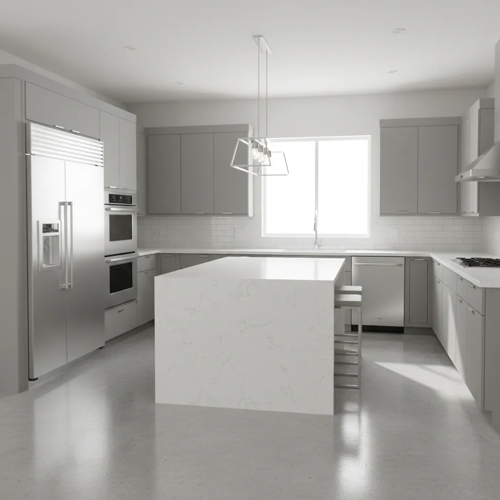 Bright modern kitchen with gray cabinets and stainless steel appliances