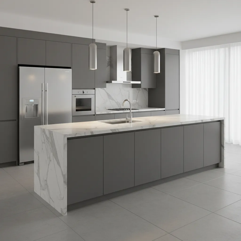 Kitchen island with pendant lighting above gray cabinets