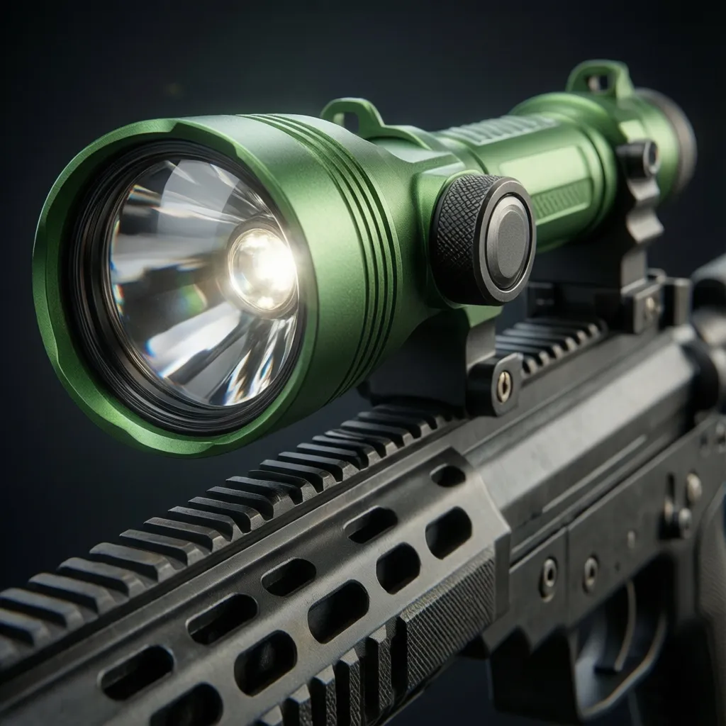 Modern weapon mounted green hunting light with adjustable beam and aluminum housing